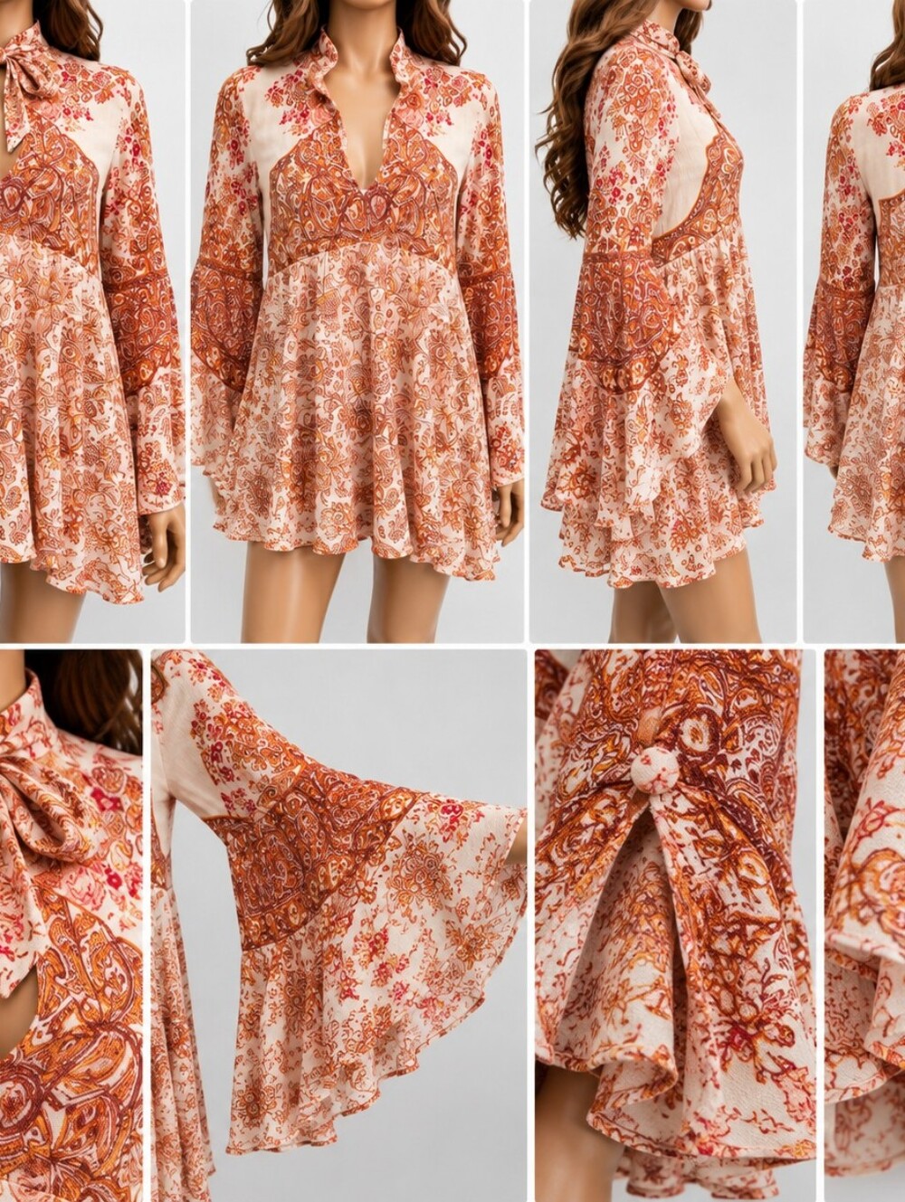 Free People XL Boho Paisley Mini Dress Bell Sleeve Tie Neck Cutout